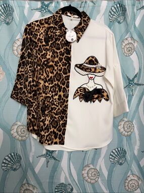 Pastels women’s ' Leopard Print & White Split-Panel Shirt